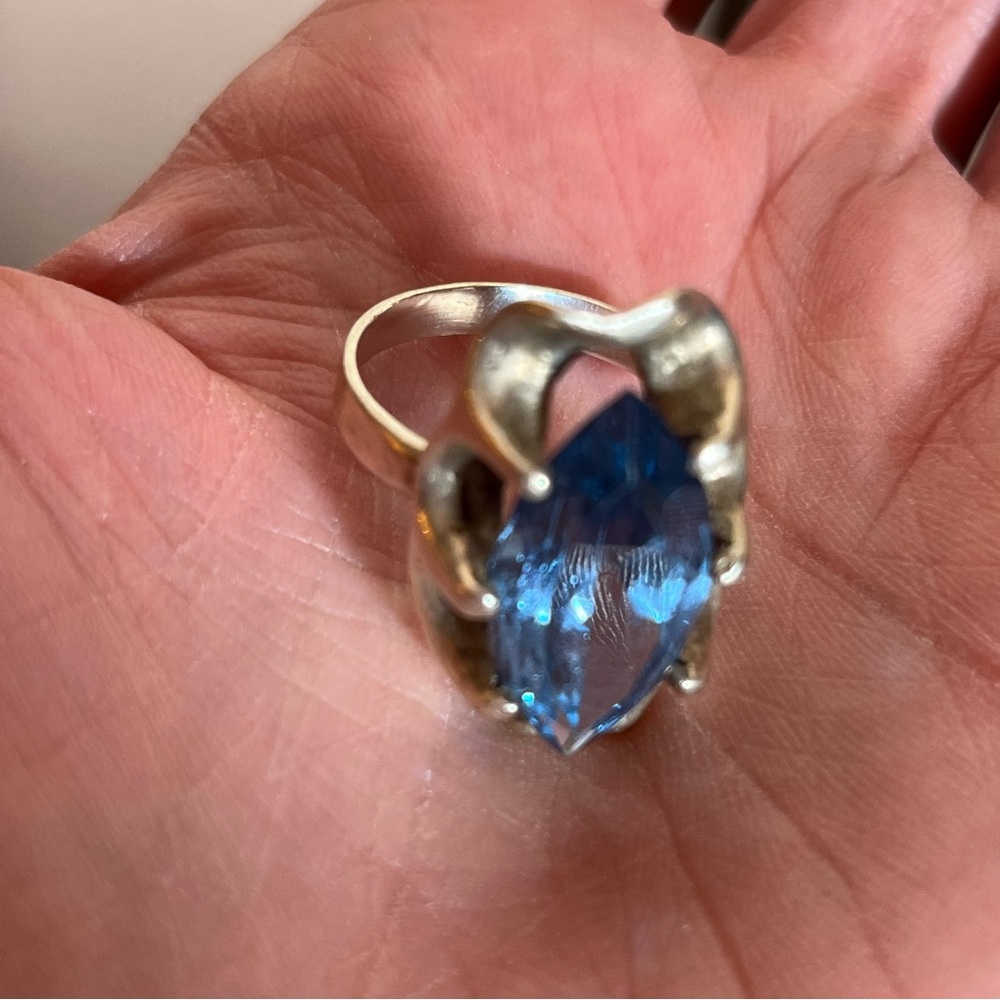 Antique art Deco Oversized Marquee Blue Topaz Brutalist Sterling Silver Ring - Picture 14 of 17